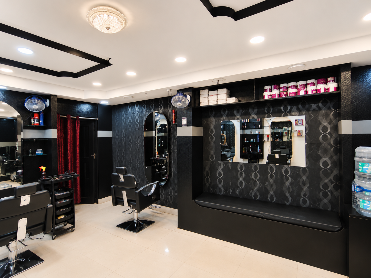 Black and white styling area inside STAR Men's Professional Salon